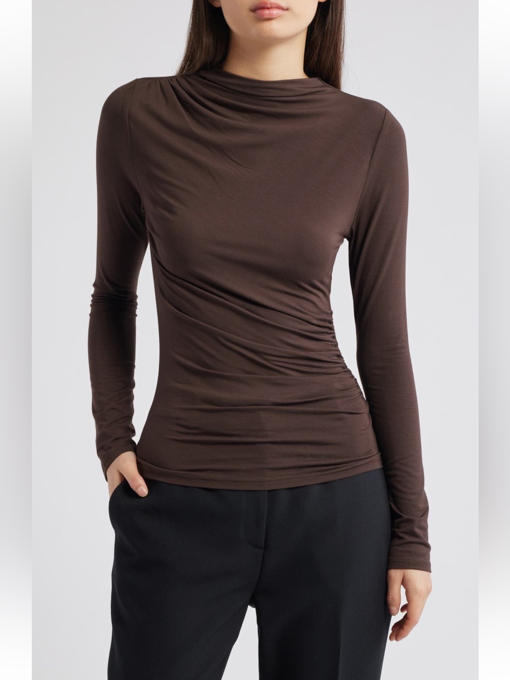 Rails Joelle Ruched Funnel Neck Top Brown Long Sleeve Small NWOT